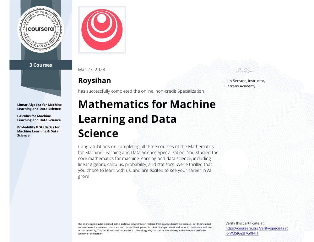 Mathematics for Machine Learning and Data Science
